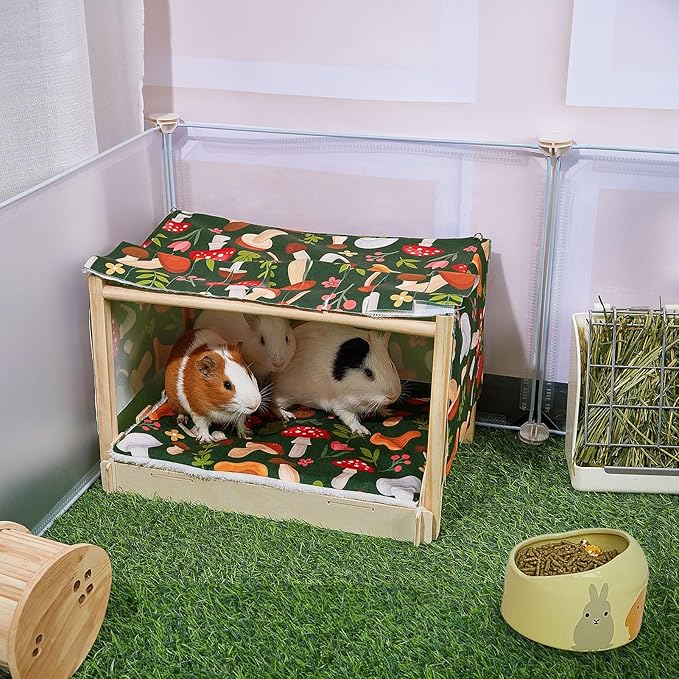 Glittme Guinea Pig Hideout, Wooden Guinea Pig Bed with Waterproof Mat, Durable Rabbit Bed with Door Curtain for Guinea Pig, Rabbit, Ferret, Squirrel, Bunny, Black