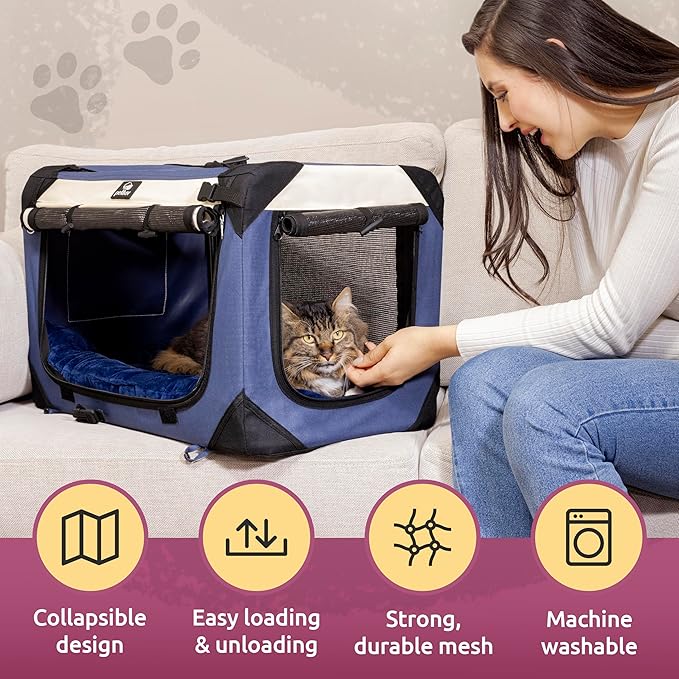 Medium Cat & Dog Carrier for Most Cats or Small Dogs, Soft-Sided, Collapsible with Locking Zippers, Portable Travel Bag with Soft Bed, Navy