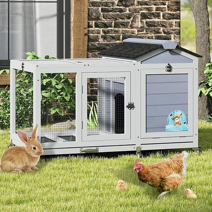 COZIWOW 39inches Fashion Wood Rabbit Hutch Indoor，Wide Space Small Animal Houses Habitats with Removable Tray&Safety Lock，Bunny Cage with Waterproof Roof&Solar Panels (Grey)
