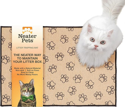Neater Pets Jute Litter Trapping Mat, Eco-Friendly Plant-Based Material Catches Mess from Kitty Litter Box to Protect Floors, Soft on Cats Paws, Anti-Skid Backing, Easy to Clean, Paw Print, 24" x 36"