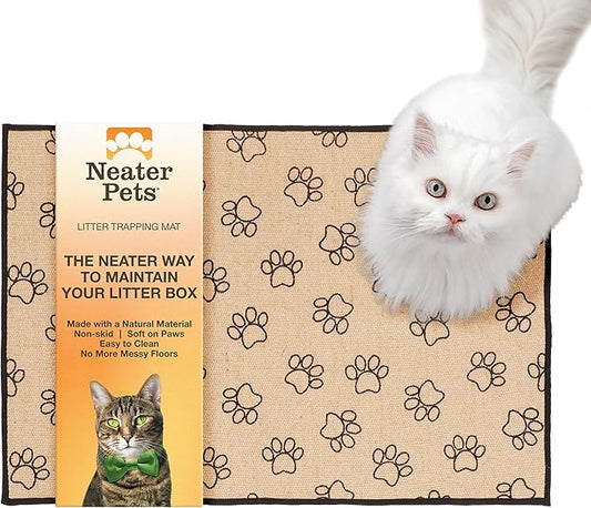 Neater Pets Jute Litter Trapping Mat, Eco-Friendly Plant-Based Material Catches Mess from Kitty Litter Box to Protect Floors, Soft on Cats Paws, Anti-Skid Backing, Easy to Clean, Paw Print, 24" x 36"