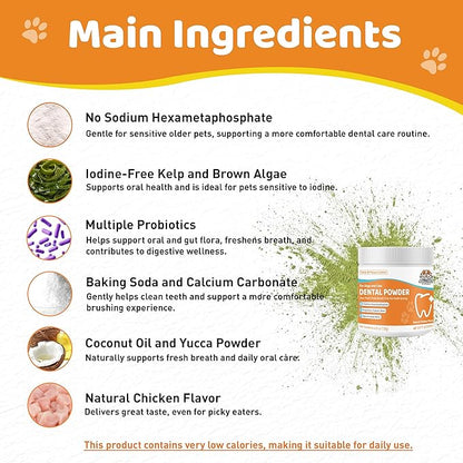 Dog Teeth Cleaning Powder - Natural Dog Dental Powder -Gentle Dog Breath Freshener, Dog Plaque and Tartar Remover, Vet Formulated No Sodium Hexametaphosphate- 60 Scoops, 4.23oz (120g)