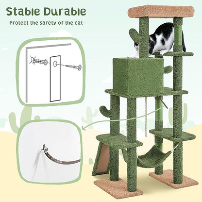Yaheetech Cactus Cat Tree, 63″ H Multi-Level Cat Tower for Indoor Cats, Tall Climbing Tower with Sisal-Covered Scratching Posts & Condo, Pet Furniture Activity Center for Kitten