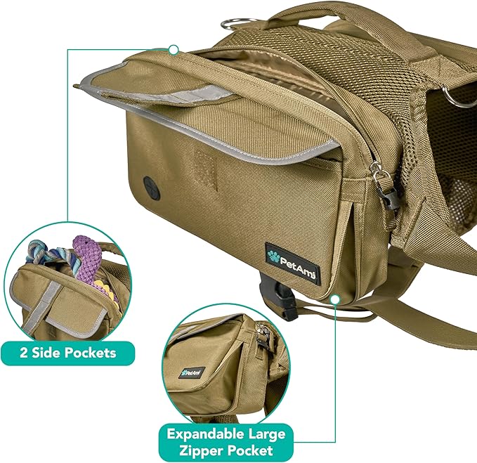 PetAmi Dog Backpack for Medium & Large Dogs, Saddle Bag for Dogs to Wear for Hiking, Pet Backpack Harness Dog Pack with Reflective Side Pockets for Walking Running