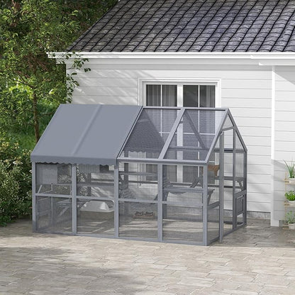 PawHut Large Catio Outdoor Cat Enclosure for Multiple Kittens, Wooden Cat House with Waterproof Cover, Walk in Kitty Cage Kennel with 2 Condos, 6 Platforms, Bridge, Doors, 110" x 73" x 74", Gray