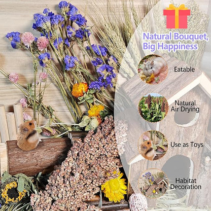 Natural Hamster Flower & Herb Habitat Deocr, Hamster Sprays Flowers Bedding Mate, Hamsters Cage Enrichment Decoration Accessories for Gerbil Dwarf Syrian Hamsters Guinea Pig Mice or Small Animals