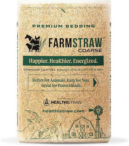 FarmStraw Coarse Cut, 3 cu ft (25 lbs) – All-Natural Wheat Straw Animal Bedding for Homesteads, Hobby Farms, and Small Pets – Absorbent, Fluffy & Insulative – Sustainably Sourced