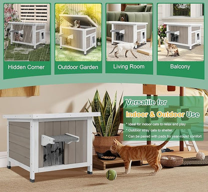 Outdoor Cat House for Feral Cats Weatherproof Cat Shelter Wooden Pet Small Houses Indoor Cat Condo with Escape Door & Openable Asphalt Roof to Enhanced Safety, Simple Assembly