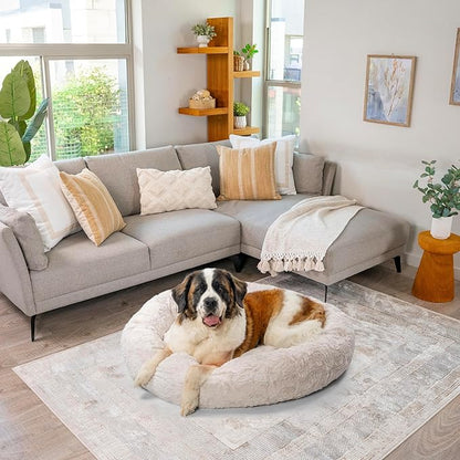 Best Friends by Sheri Original Calming Donut Dog and Cat Bed, Lux Faux Fur, Oyster, XL (45in x 45in) - Anxiety Relief for Pets Up to 150 lbs