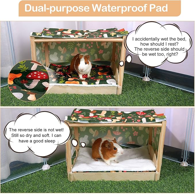Glittme Guinea Pig Hideout, Wooden Guinea Pig Bed with Waterproof Mat, Durable Rabbit Bed with Door Curtain for Guinea Pig, Rabbit, Ferret, Squirrel, Bunny, Black