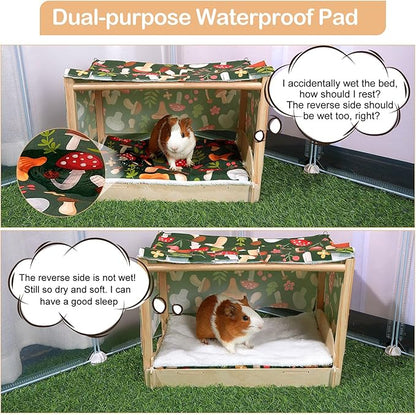 Glittme Guinea Pig Hideout, Wooden Guinea Pig Bed with Waterproof Mat, Durable Rabbit Bed with Door Curtain for Guinea Pig, Rabbit, Ferret, Squirrel, Bunny, Black