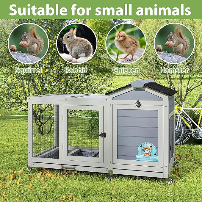 COZIWOW 39inches Fashion Wood Rabbit Hutch Indoor，Wide Space Small Animal Houses Habitats with Removable Tray&Safety Lock，Bunny Cage with Waterproof Roof&Solar Panels (Grey)