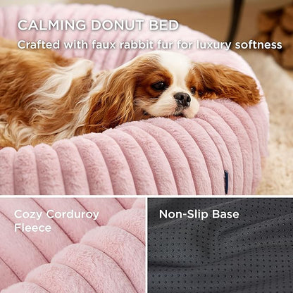 Bedsure Cat beds for Indoor Cats - Donut Dog Beds for Small Dogs with Corduroy Fleece & Anti Slip Bottom, Faux Fur Pet Beds with Washable Removable Cover, Blush Pink, 20x20x6 inches