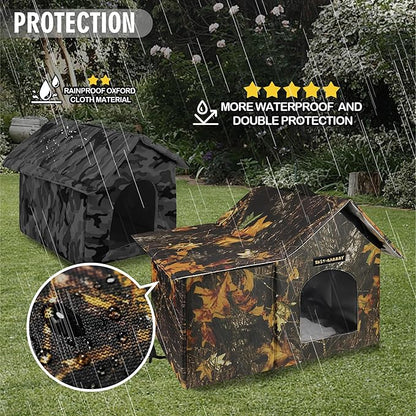 Rest-Eazzzy Outdoor Cat House, Feral Cat House Insulated with Mat and Clip, Weatherproof and Insulated, Cat Beds for Cats Kittens Puppies, Never Blow Away (Leaf, M 13" X 17" X 20")