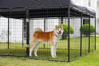118" x 118" Outdoor Dog Kennel Steel Ideal Dog Fence for Medium/Small Dogs Anti-Rust Coating Cage with Roof All Weather Resistant Dog House with Double Locks