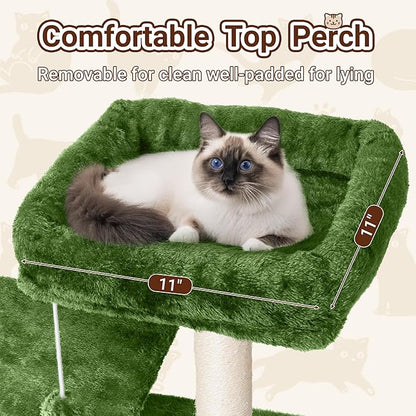 Cat Tree, 54-Inch Cat Tower for Indoor Cats,Plush Multi-Level Cat Condo with Scratching Posts, Basket, Perches,2 Caves,2 Pompoms(Green)