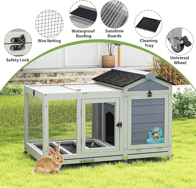COZIWOW 39inches Fashion Wood Rabbit Hutch Indoor，Wide Space Small Animal Houses Habitats with Removable Tray&Safety Lock，Bunny Cage with Waterproof Roof&Solar Panels (Grey)