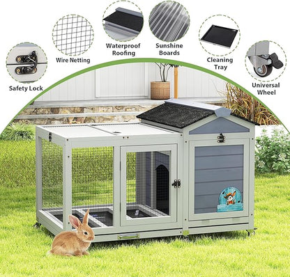 COZIWOW 39inches Fashion Wood Rabbit Hutch Indoor，Wide Space Small Animal Houses Habitats with Removable Tray&Safety Lock，Bunny Cage with Waterproof Roof&Solar Panels (Grey)