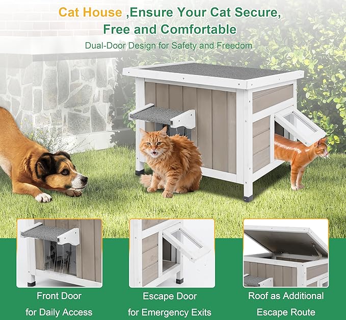 Outdoor Cat House for Feral Cats Weatherproof Cat Shelter Wooden Pet Small Houses Indoor Cat Condo with Escape Door & Openable Asphalt Roof to Enhanced Safety, Simple Assembly