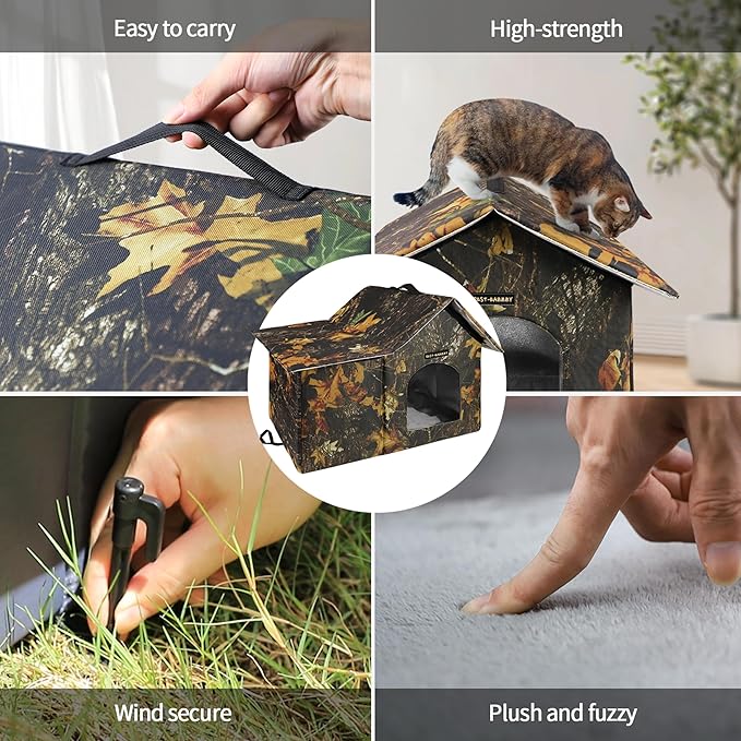 Rest-Eazzzy Outdoor Cat House, Feral Cat House Insulated with Mat and Clip, Weatherproof and Insulated, Cat Beds for Cats Kittens Puppies, Never Blow Away (Leaf, M 13" X 17" X 20")