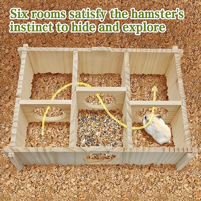 kathson Hamster Multi-Chamber Hideouts, Wooden House Maze Tunnels Exploring Toy Small Animal Activity Sport Playground Platform with Chew Molar Stone Toys for Dwarf Hamster Gerbils Mice Syrian