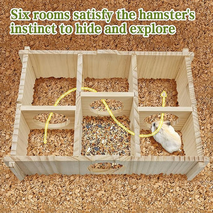 kathson Hamster Multi-Chamber Hideouts, Wooden House Maze Tunnels Exploring Toy Small Animal Activity Sport Playground Platform with Chew Molar Stone Toys for Dwarf Hamster Gerbils Mice Syrian
