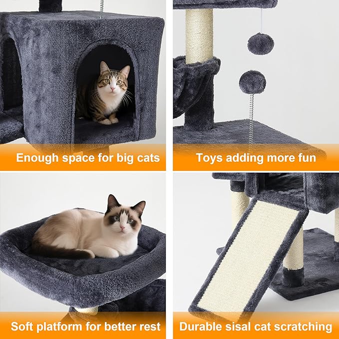 37-inch Cat Tree Tower with Multi-Level Cat Condo, Scratching Posts,2-Door Cat Cave,Grey