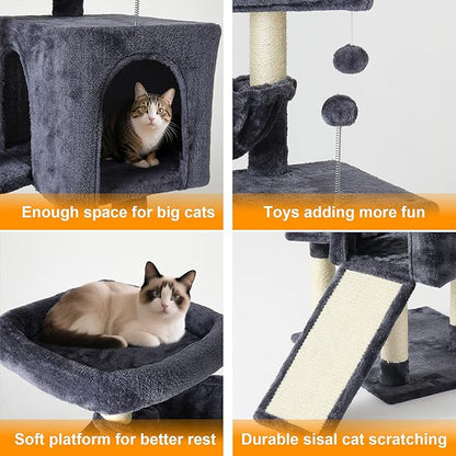 37-inch Cat Tree Tower with Multi-Level Cat Condo, Scratching Posts,2-Door Cat Cave,Grey
