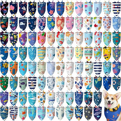 100 Pcs Dog Bandanas Bulk Pet Bibs Colorful Triangle Scarf Pet Bandanas for Medium Large Dogs Spring Summer Birthday Costume Decoration (Ocean Theme)