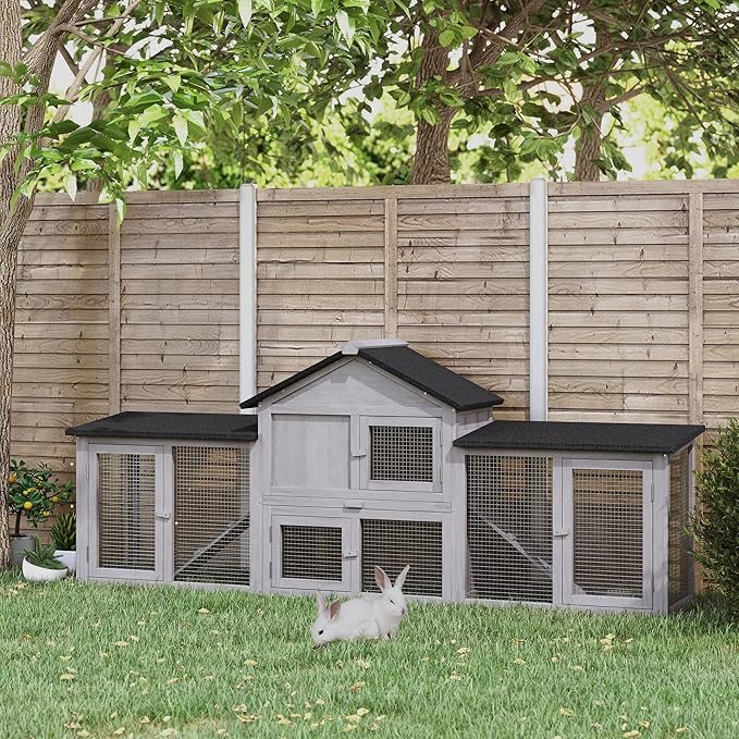 PawHut 83" L Outdoor Rabbit Hutch with Double Runs, Large Guinea Pig Cage Indoor, Wooden Bunny Hutch with Weatherproof Roof, Removable Tray, Ramps, Gray