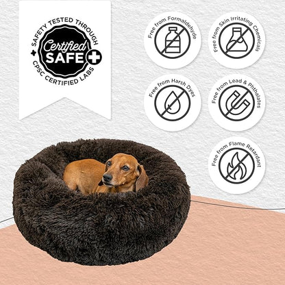 Best Friends by Sheri Original Calming Donut Dog and Cat Bed, Shag Faux Fur, Dark Brown, (23in x 23in) - Anxiety Relief for Pets Up to 25 lbs