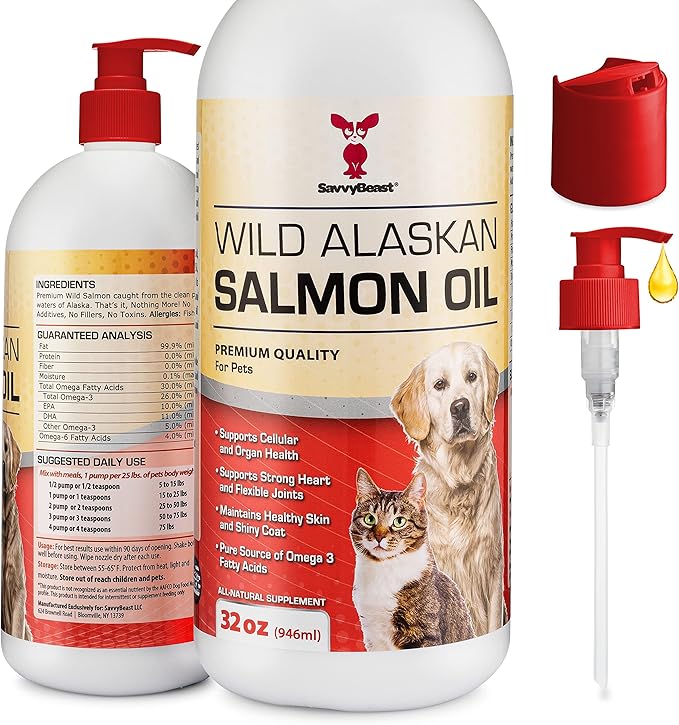 SavvyBeast Wild Alaskan Salmon Oil for Dogs, Cats & Ferrets – Omega-3 Fish Oil Pet Supplement with EPA & DHA – Supports Skin, Coat, Joints, Heart, Brain, Itch Relief & Immune – Unscented – 32 oz