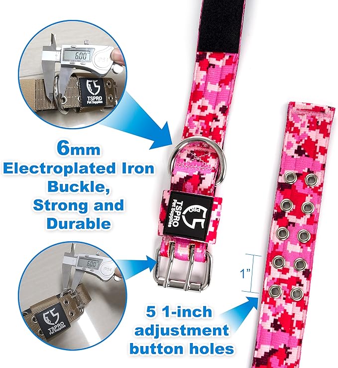 TSPRO Tactical Dog Collar, Adjustable, with Patch & Double Needle Metal Buckle, Heavy Duty for Large to Extra Large Dogs, Durable for Walking, Running, Hiking & Training (Camo Pink L-XL)