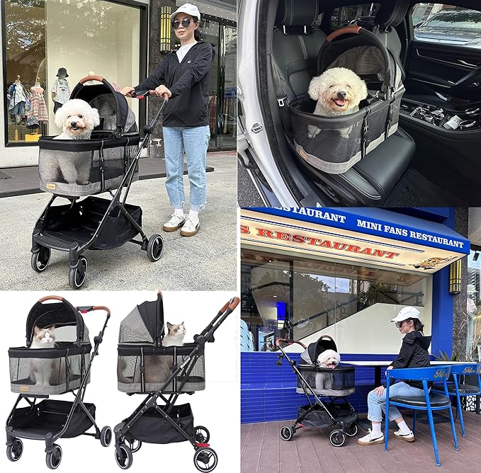ROODO Fashion 3-in-1 Dog Cat Stroller with Detachable Carrier&Car Seat Combo Best Lightweight Folding Portable All-Terrain Travel Pet Gear Puppy Doggie Kitty Stroller for up to 30 lbs(Grey Lattice)