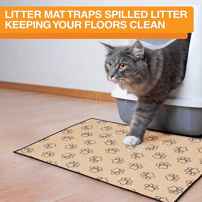 Neater Pets Jute Litter Trapping Mat, Eco-Friendly Plant-Based Material Catches Mess from Kitty Litter Box to Protect Floors, Soft on Cats Paws, Anti-Skid Backing, Easy to Clean, Paw Print, 24" x 36"