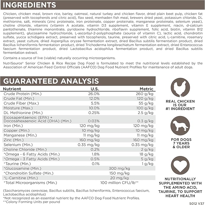 NutriSource Senior Dog Food, Made with Chicken and Rice, with Wholesome Grains, 30LB, Dry Dog Food