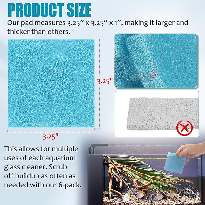 (6-Pack, Blue) 3.25x3.25x1 Aquarium Cleaner for Glass Walls Fish Tanks, Aquarium Glass Cleaning Tool Won't Scratch Glasses, Aquariums Sponge for Turtle Fish Tank