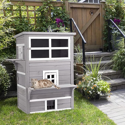 PawHut 3-Story Cat House Feral Cat Shelter, Outdoor Kitten Condo with Raised Floor, Asphalt Roof, Escape Doors, Jumping Platforms, Gray