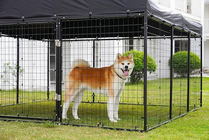10x10x6 FT Outdoor Dog Kennel Steel Ideal Dog Fence for Medium/Small Dogs Anti-Rust Coating Cage with Roof All Weather Resistant Dog House with Double Locks (118" W x 118" D x 72.5" H)