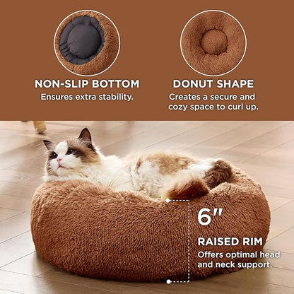 Bedsure Calming Cat Beds for Indoor Cats - Small Cat Bed Washable 20 inches, Anti-Slip Round Fluffy Plush Faux Fur Pet Bed, Fits up to 15 lbs Pets, Copper