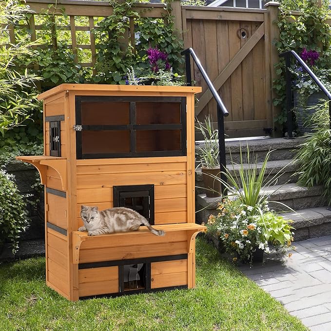 PawHut 3-Story Cat House Feral Cat Shelter, Outdoor Kitten Condo with Raised Floor, Asphalt Roof, Escape Doors, Jumping Platforms, Yellow