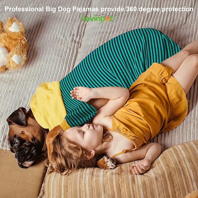 LovinPet Large Dog Pajamas, Cotton Green Stripe Dog Shirt, Pet Pajamas for Dogs, Onesies for Dogs, Stop Shedding for Dogs, Pitbull Shirt, Pet PJ's, L