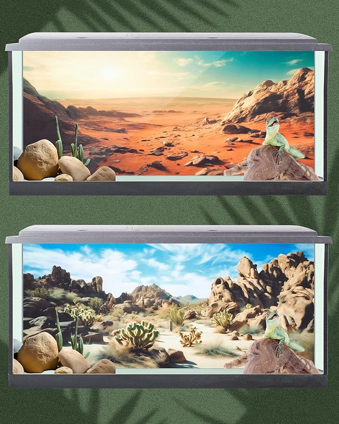 Breling 4 Pcs 48 x 18 Inch Reptile Habitat Background with Nano Glue Gobi Sun Cactus Stone and Green Tree Fern Stream Terrarium Background Polyester Durable Aquarium Accessories