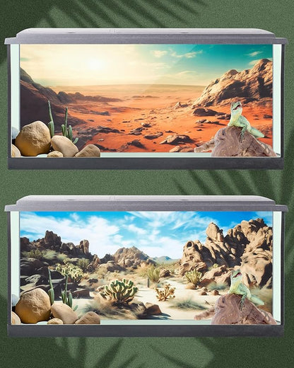 Breling 4 Pcs 48 x 18 Inch Reptile Habitat Background with Nano Glue Gobi Sun Cactus Stone and Green Tree Fern Stream Terrarium Background Polyester Durable Aquarium Accessories