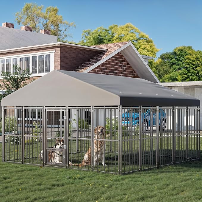 10X10FT Large Dog Kennel Outside with Feeding Door, Heavy Duty Dog Cage with Roof and Double Safety Locks, Outdoor Dog Enclosure for Pets