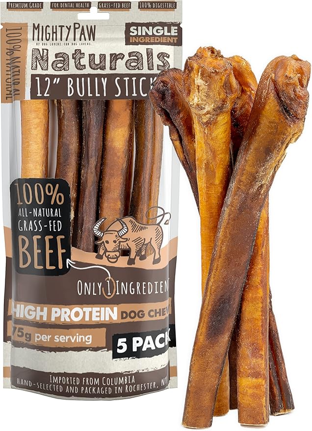 Mighty Paw Naturals Bully Sticks - All-Natural Protein-Rich Dog Chews from Grass-Fed Beef. Single-Ingredient Pet Treat for Dental Health. Keeps Chewers Busy - Dental Chew Dog Bully Stick