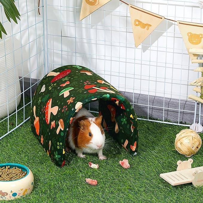 Bienbee Guinea Pig Tunnel and Hideout - Washable Rabbit Style Bunny House - Small Animal Forest-Themed Mushrooms