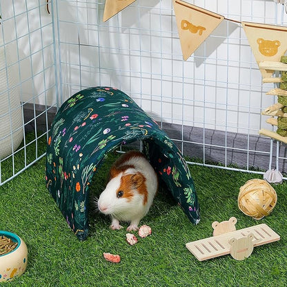 Bienbee Guinea Pig Tunnel, Guinea Pig Hideout, Washable Rabbit Tunnel and Bunny House, Rabbit Toys in Cages for Guinea Pig Bunny Rabbit Small Animal Green Flowers