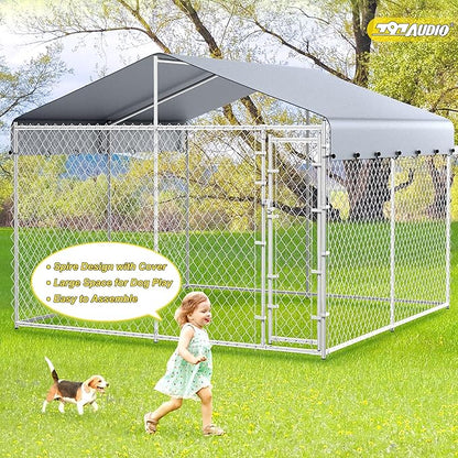 10'x10'x6.56' Large Outdoor Dog Kennel with Roof, Heavy Duty Outside Dog Run Enclosure Dog Pen House Pet Playpen with Galvanized Chain Link, Lockable Door, Waterproof Cover, for Small and Large Dogs
