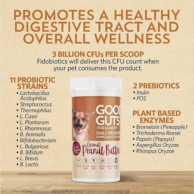 Fidobiotics Good Guts for Lil Mutts Probiotic for Dogs, Billions of CFUs, 11 Strains, 5 Digestive Enzymes, 2 Prebiotics, Digestive Gut Health for Dogs, Adult & Puppy Probiotics Supplements (30 Days)